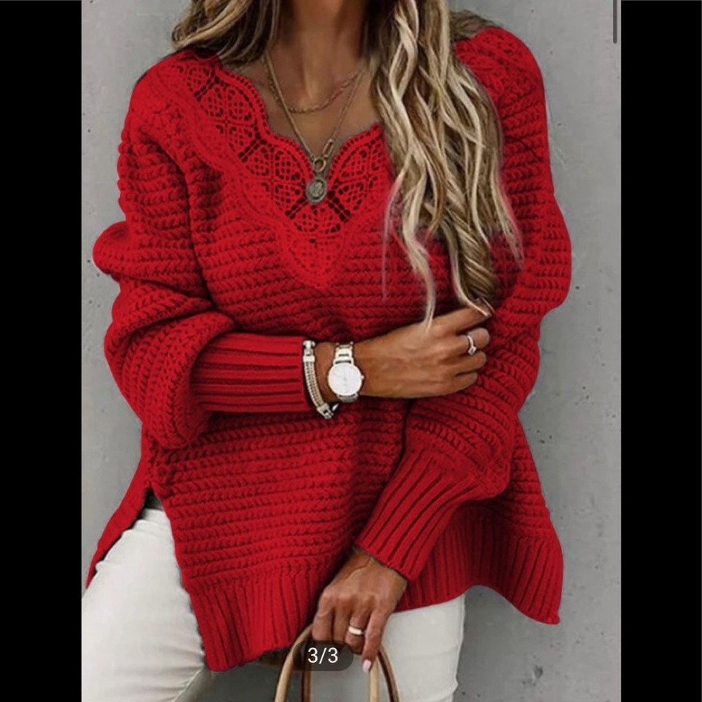 Red contrast lace split hem long sleeve sweater. - Picture 3 of 7